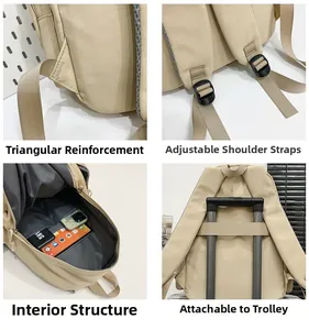 Detail view of reinforced straps and adjustable buckles on the minimalist beige backpack