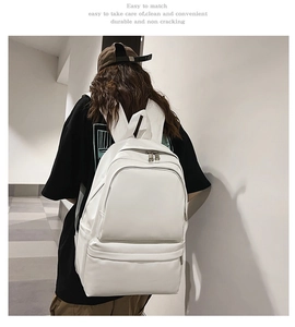 Rear view of a stylish white PU leather backpack featuring adjustable shoulder straps