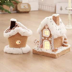 Lighted gingerbread house Christmas decor set with snowy roof and waffle texture