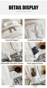 Detail view of white minimalist backpack features, smooth zippers, and reinforced straps