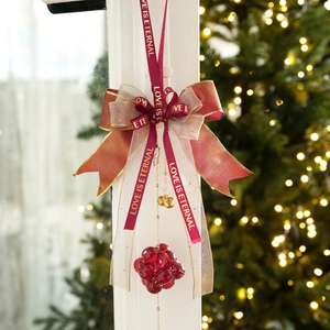 Christmas clear acrylic bell pendant with red bow and gold glitter Love Is Eternal print