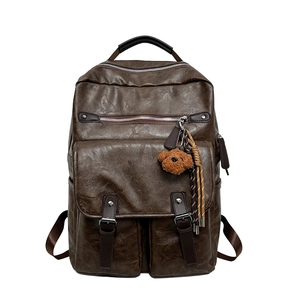 Vintage PU Leather Casual Backpack Large Capacity Laptop School Bag For Students With Bear Charm