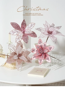 Detailed view of champagne pink mesh Christmas flowers with sequins in a stylish vase