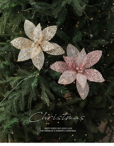 Close-up of mesh Christmas flowers with glitter and pearls on a decorated Xmas tree
