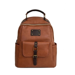 Vintage brown leather backpack with front buckle pocket and metallic zipper detail