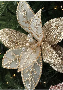 Close-up of champagne gold glitter flower with sequins for Christmas tree decor