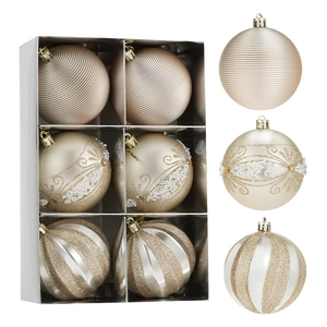 Set di 6 palline di Natale da 8cm color champagne e bianco con decorazioni glitterate