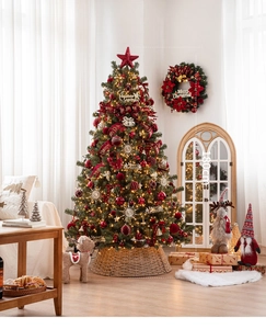 Sapin de Noël artificiel détaillé de 180 cm avec nœuds rouges, décors et lumières LED