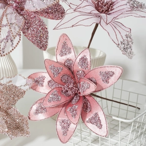 Champagne pink artificial poinsettia flower with glitter net petals for Christmas tree