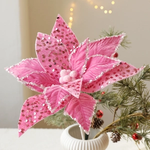 Champagne pink velvet Christmas flower with silver glitter and sequins for holiday decor
