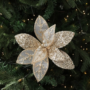 Sparkling gold glitter Christmas tree flower decoration with mesh petals and pearls