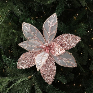 Rose gold glitter Christmas flower ornament with mesh petals for festive tree decoration