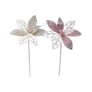 Champagne and pink glitter mesh Christmas flowers with pearls for festive tree decoration