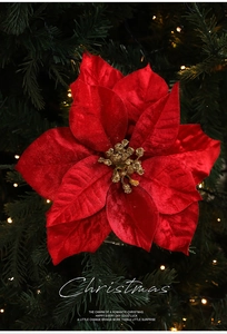 Close-up of red velvet Christmas poinsettia with gold sequins on a lit festive tree