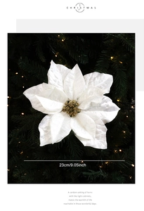 Detail of a 9-inch white velvet artificial poinsettia flower for Christmas tree decor