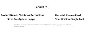 Detailed product specifications for foam and cattail Christmas ornaments on white background
