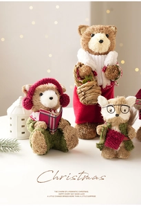Handcrafted straw Christmas figurines with bear and fox toys in cozy holiday decor set