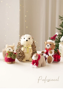 Detailed straw woven Christmas figurines set with sisal animals in festive red outfits