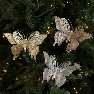 Glitter Butterfly Christmas Tree Picks Hollow Sparkle Butterfly Stakes For Xmas Tree Decorations Floral Arrangement DIY Crafts Holiday Party Ornaments