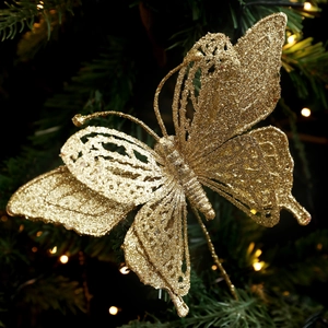 Sparkling gold butterfly Christmas tree pick with glitter sequins for holiday decoration