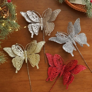 Set of four glitter butterfly picks for Christmas tree and floral arrangements in mixed colors