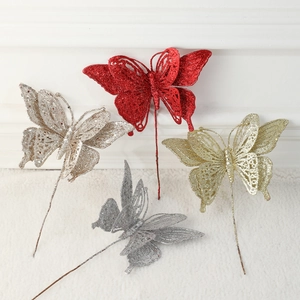 Glitter butterfly picks in gold silver and red for Christmas tree and floral arrangements