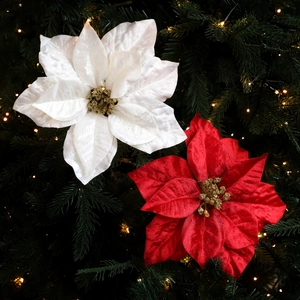 Artificial Christmas Poinsettia Flowers With Gold Glitter Fabric Floral Hanging Ornaments For Christmas Tree Wreath Wedding Party Decoration Home Decor Accessories