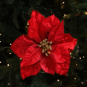 Red velvet artificial poinsettia flower with golden glitter core for Christmas tree decor
