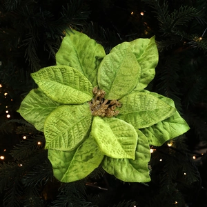 Green velvet artificial poinsettia flower with gold glitter stamen for Christmas tree decor