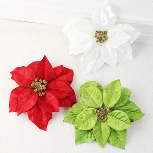 Artificial glitter velvet poinsettia flowers in red, green, and white for Christmas decor