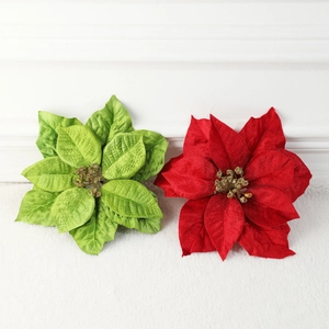 Sparkling red and green velvet artificial poinsettia flowers for Christmas tree decoration