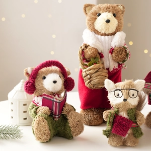 Three-piece Christmas straw ornaments set with bears and a fox in festive outfits