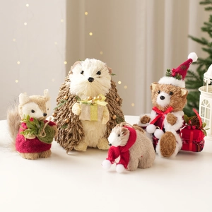 Christmas straw animal decor set including squirrel and bear with festive red accessories
