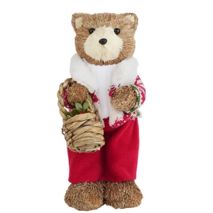 Straw Christmas bear figurine in red sweater and pants holding a berry basket decor