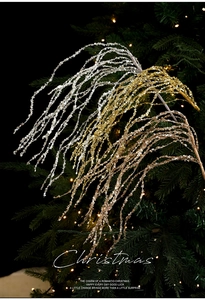 Macro detail of sparkly sequin tassels on Christmas stems for tree and floral decoration