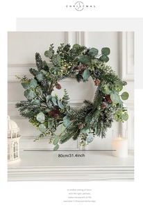 Detail of 80cm Christmas wreath with eucalyptus leaves and pine cones on a fireplace