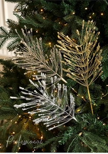 Glittering Christmas tree picks in gold and silver, festive branch decor for holidays