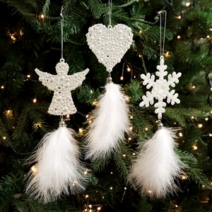 White Christmas Hanging Ornament Faux Artificial Pearl Feather Snowflake Angel Bell Holiday Home Party Tree Decoration Elegant