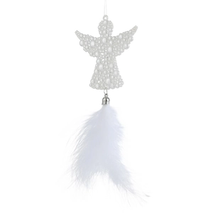 White pearl angel ornament with feather tassel for Christmas tree decoration
