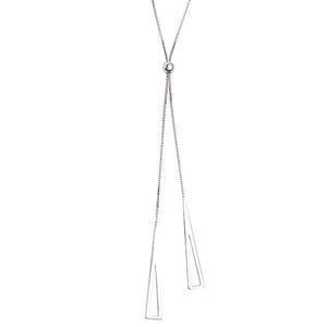 Minimalist silver geometric tassel necklace with adjustable sliding bead and triangle charms