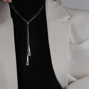 Minimalist Geometric Y-Shaped Lariat Necklace Copper Adjustable Slide Bead Hollow Triangle Tassel Clavicle Chain For Women