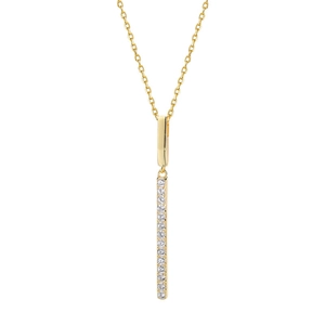 Minimalist gold bar pendant necklace with sparkling diamonds on a fine link chain