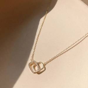 Elegant gold S925 sterling silver interlocking square pendant necklace with shiny crystals