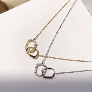 S925 sterling silver interlocking geometric square rings necklace with pave zircons