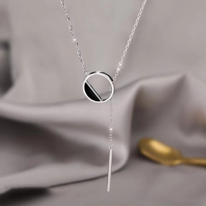 S925 Sterling Silver necklace featuring black geometric circle and long tassel pendant