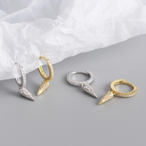 Detailed view of S925 sterling silver cone drop earrings with pavé sparkling zircon stones
