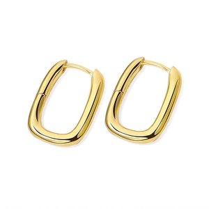 Detail of polished gold-plated geometric U-shaped rectangular earrings with hinge clasp