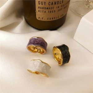 S925 sterling silver enamel glaze rings in purple black white with wavy gold edges