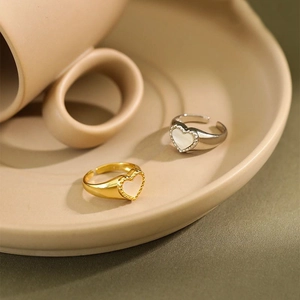 Elegant s925 silver shell heart open ring in gold and silver finish with pearl inlay