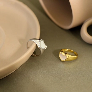 Adjustable S925 sterling silver heart ring with shell inlay in gold and silver tones